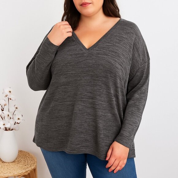 Terra & Sky 4X Sweater V-Neck Knit Lightweight Pullover Black Gray Plus Size - Picture 1 of 12